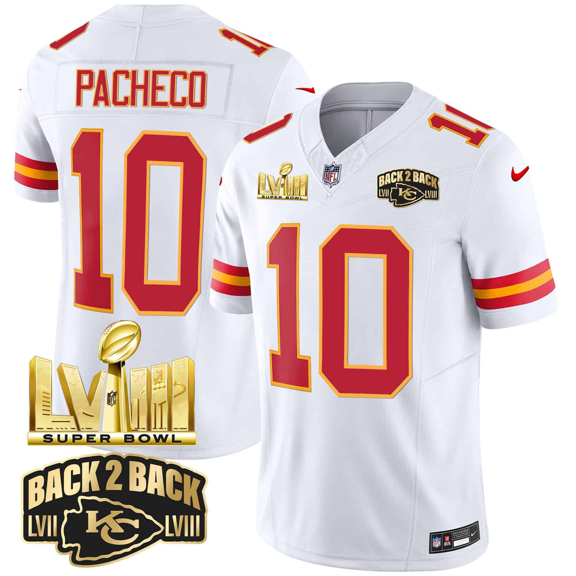 Men Kansas City Chiefs #10 Pacheco White 2024 Nike Super Bowl LVIII & Back-2-Back Gold Patch Vapor NFL Jersey